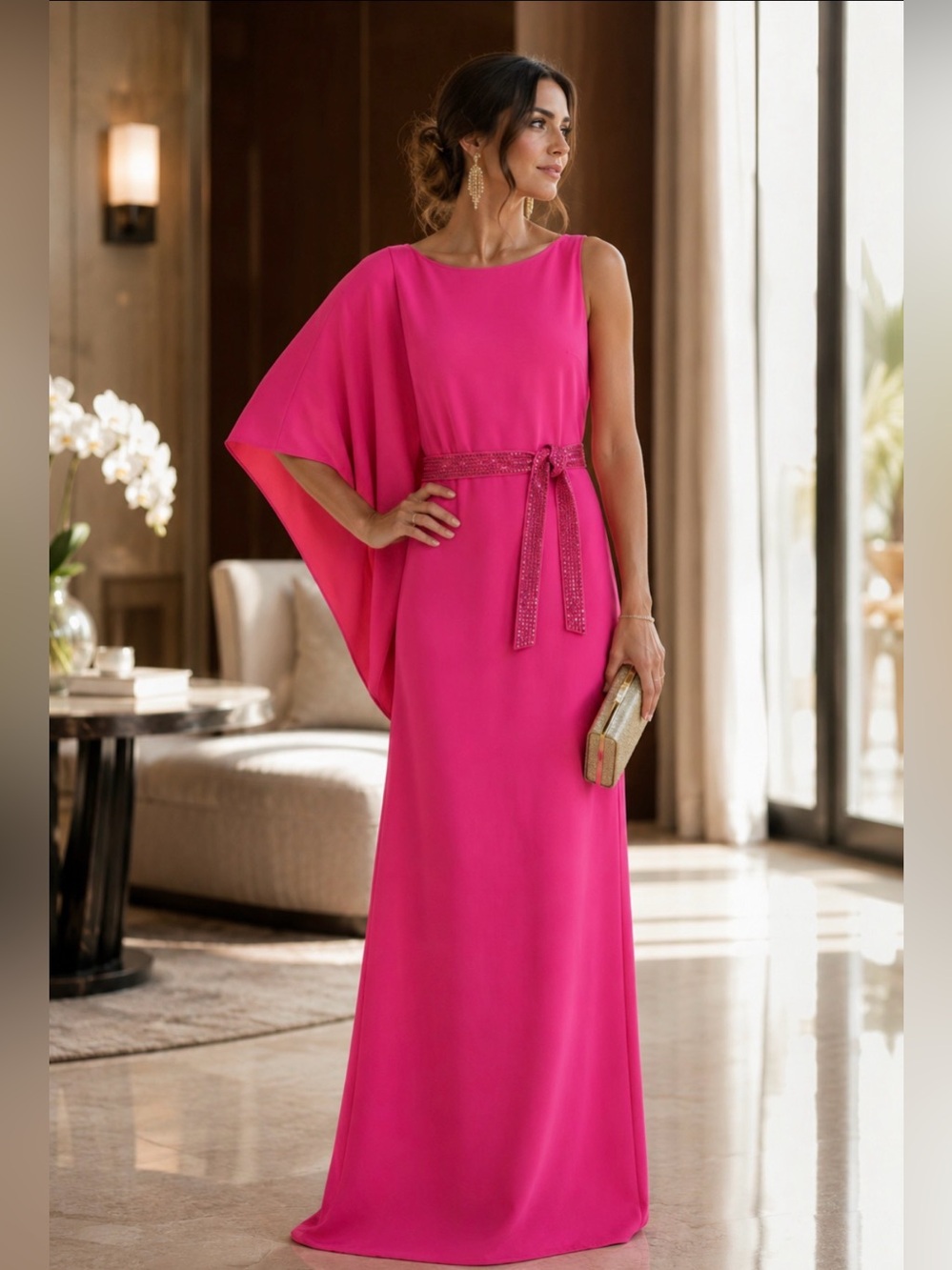 St John Asymmetrical Cady Gown Cerise Pink Sizr XL